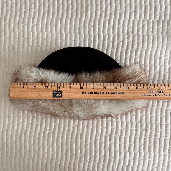 Rita Designs Genuine Shearling Leather Fur Trim Winter Hat Black Tan Handmade
